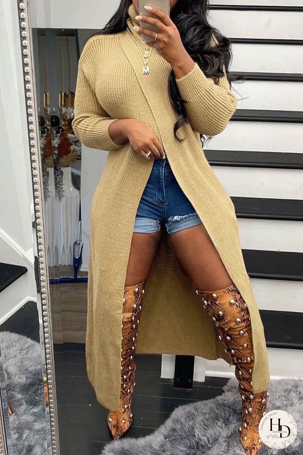Apricot Casual Solid Patchwork Slit O Neck Tops