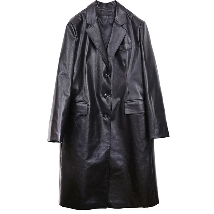 Fashion Black Lapel Single-breasted Long Sleeve PU Leather Trench Coat