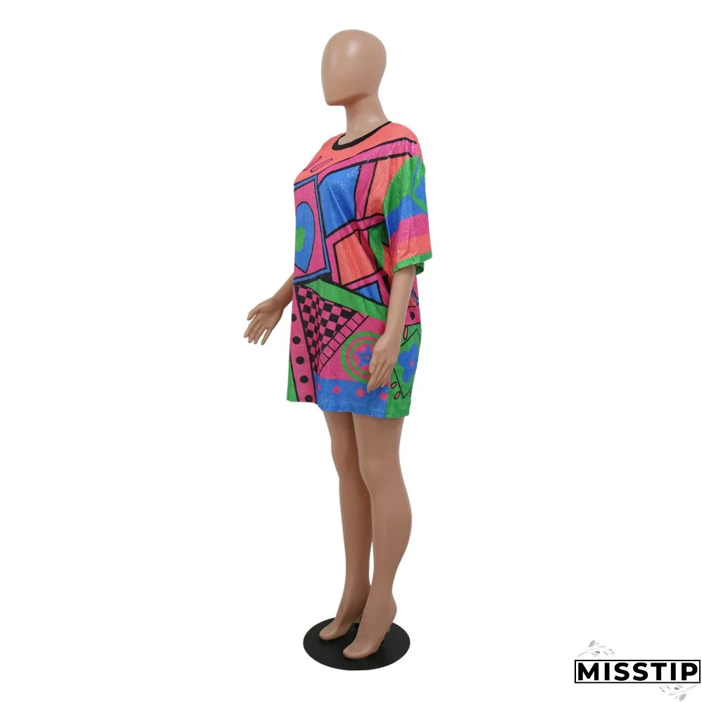 Trendy Round Neck Half Sleeve Loose Sequin Print Party Sequined Nightclub Style Women's Dress