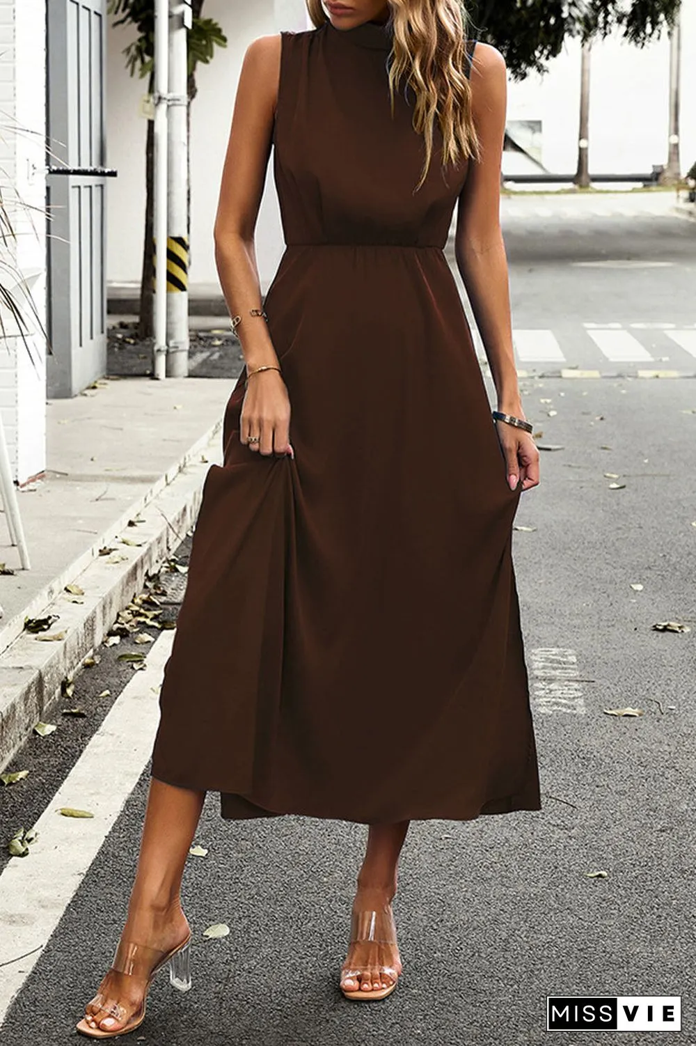 Elegant Solid Half A Turtleneck A Line Dresses