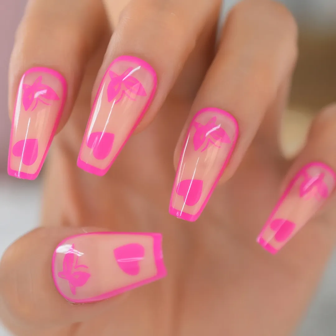 Medium Coffin Press On Nails With Design Pink Double V Pattern Glitter Fake Nails Long Acrylic False Nails Kit Ballerina Tips-Nail Inspo