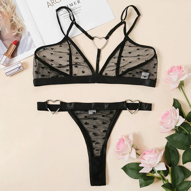 Billionm Women Sexy Erotic Lingerie Porn Bra G-String Set See Through Lace Temptation Sleepwear Love Heart Leopard Print Underwear Set