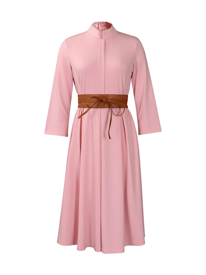 New Solid Color Temperament Elegant Fashion Tongle High Waist Belt Big Yards Nine-minute Sleeve Stand-up Collar Dresses-Cosfine