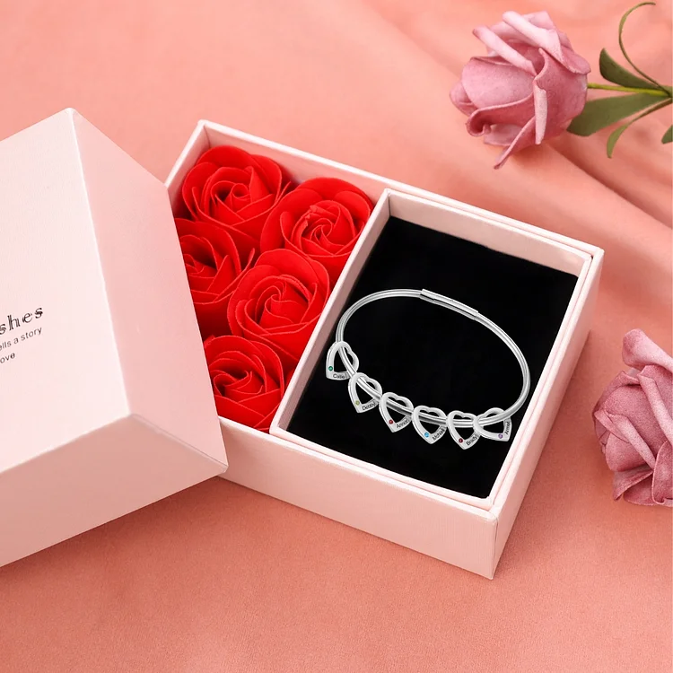 6 Names-Personalized Heart Bracelet With 6 Birthstones Bangle Engraved Names Bracelet Gift For Women