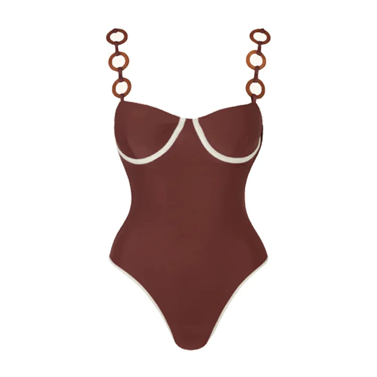 Ring Decoration Brown One Piece Swimsuit and Sarong