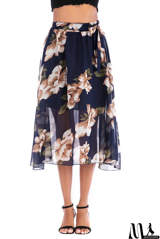 MidiSono - Elastic Waist Blue Floral Print Chiffon Skirt
