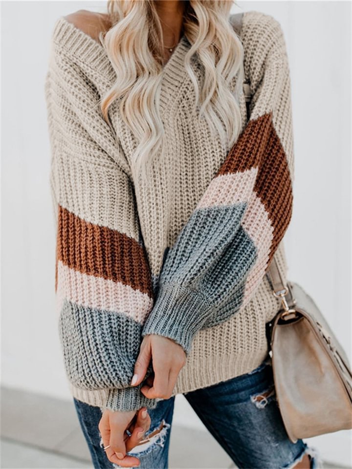V-neck Lantern Sleeve Striped Patchwork Knit Sweater -vasmok