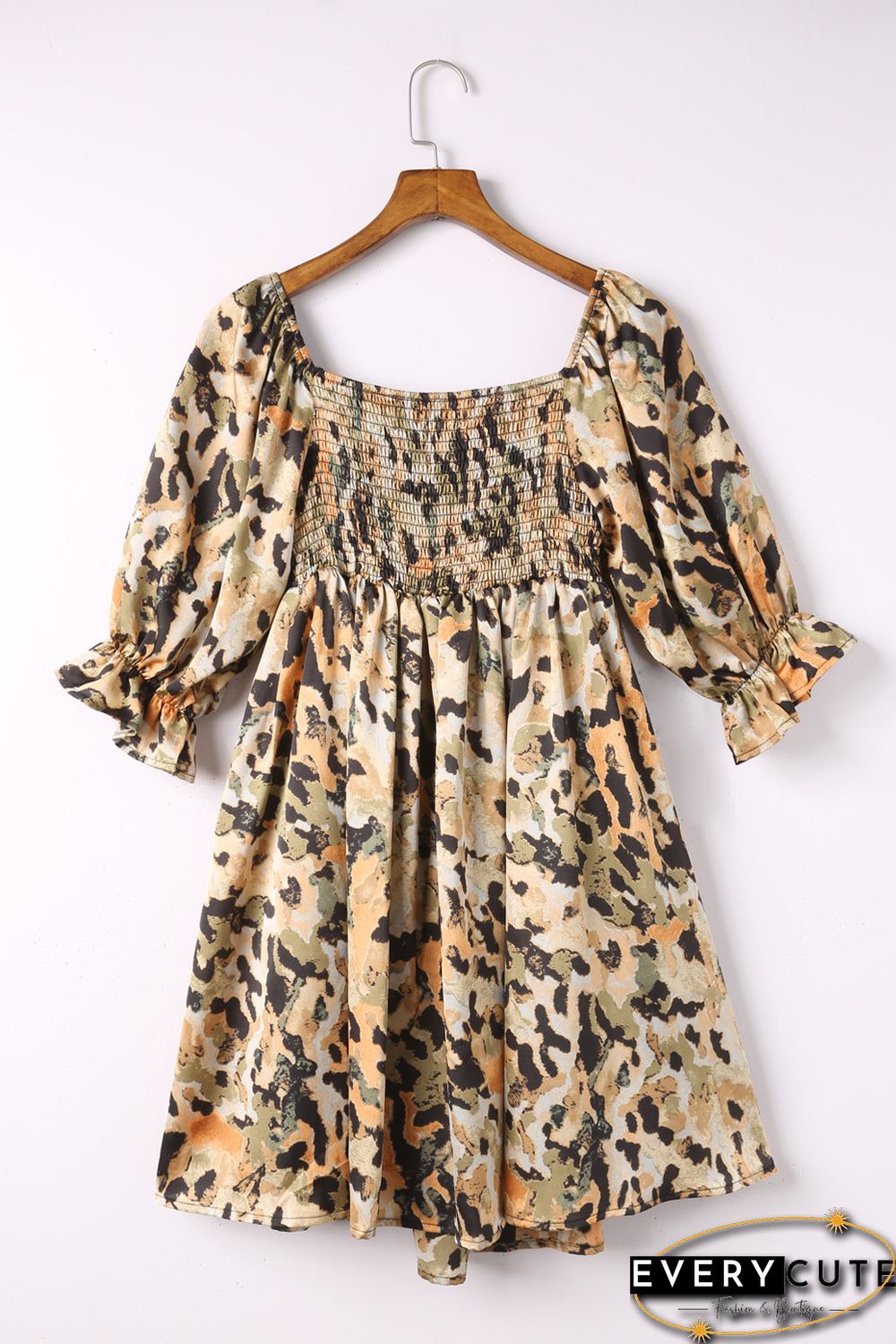 Multicolor Abstract Print Shirred Half Sleeve Square Neck Mini Dress