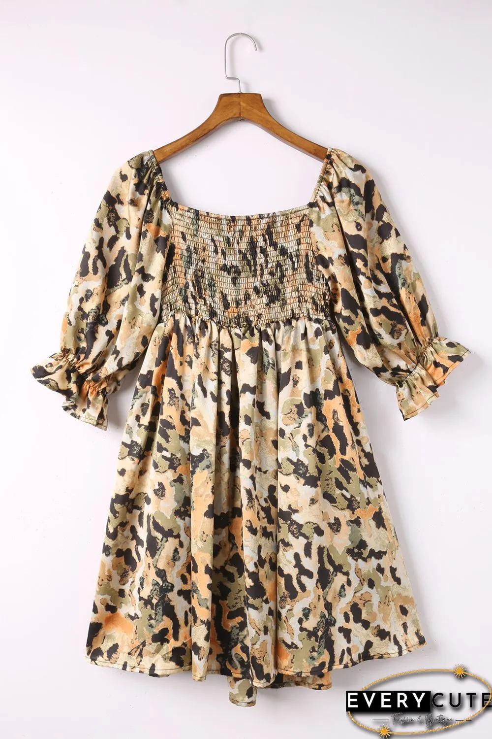 Multicolor Abstract Print Shirred Half Sleeve Square Neck Mini Dress
