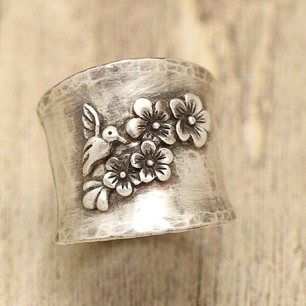 Bird Flower Wide Band Silver Ring