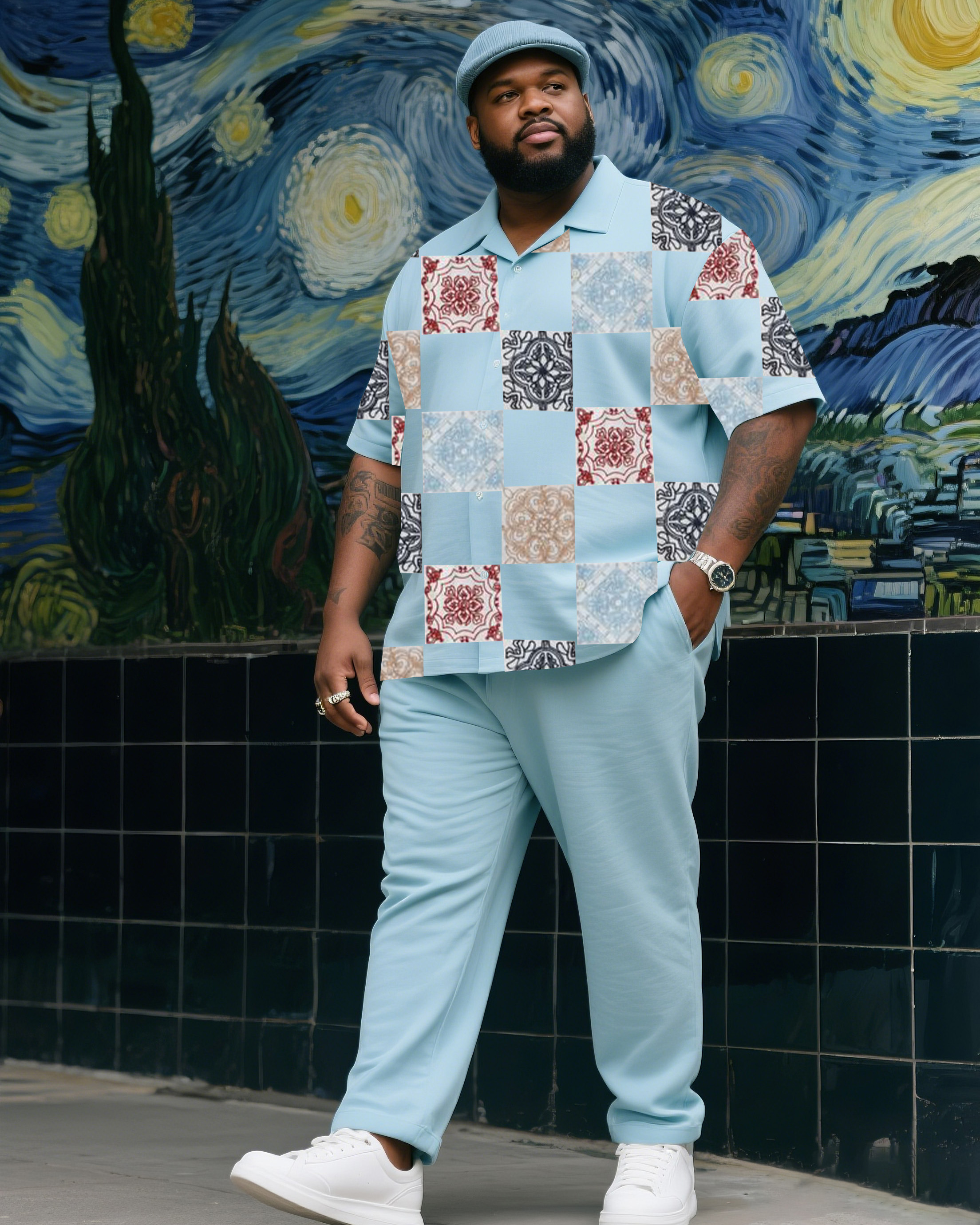 Big Boy Summer Light Blue Creative Printing Short-sleeved Shirt Trousers Suit
