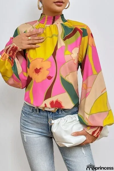 Floral Smocked Lantern Sleeve Mock Neck Blouse