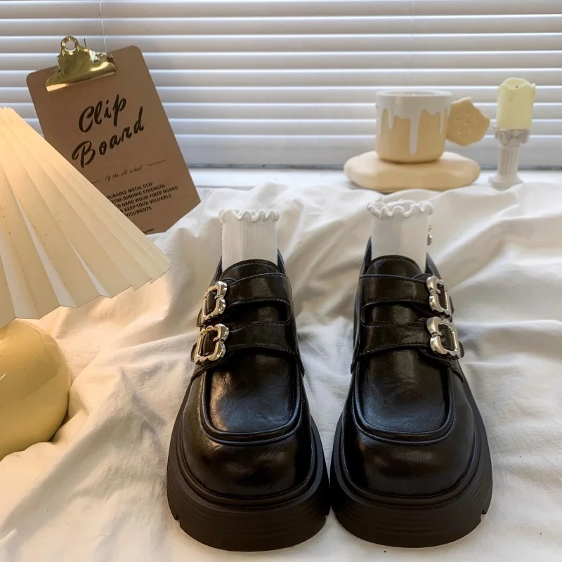 Yyvonne Small Leather Shoes Women's New Spring Black Lefu Shoes With Coarse Heel Height And Mary Jane Single Shoes