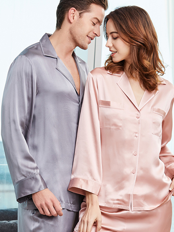 22 Momme Pyjama en soie à col v couple-Soie Plus