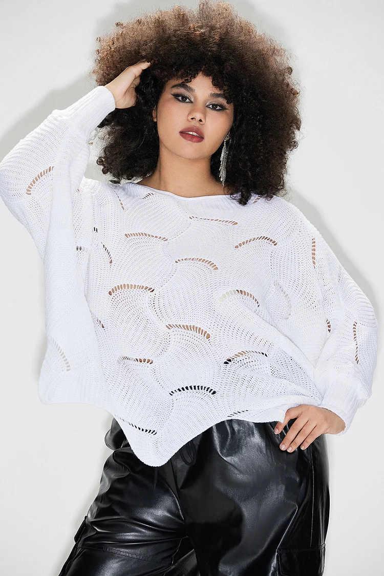 Plus Size Daily Sweaters Casual White Short Fall Winter Crew Neck Long Sleeve Crochet Sweaters [Pre-Order]