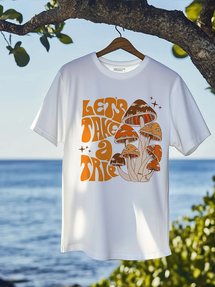 Men's Let's Take A Trie Mushroom Print Cotton Casual T-Shirt