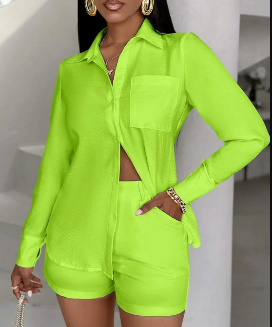 Wheelorx fairy dress short Women Casual White Shirt Two Piece Set Shorts Outfits Long Sleeve Turn-down Collar Pocket Buttons Top Fashion Lady Autumn Suit