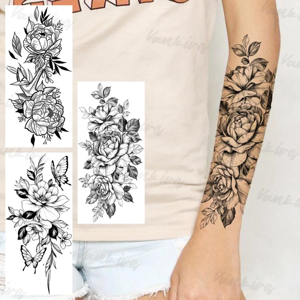 Sdrawing Peony Temporary Tattoos For Women Girls Realistic Anchor Butterfly Flower Fake Tattoo Sticker Sexy Body Arm Tatoos DIY