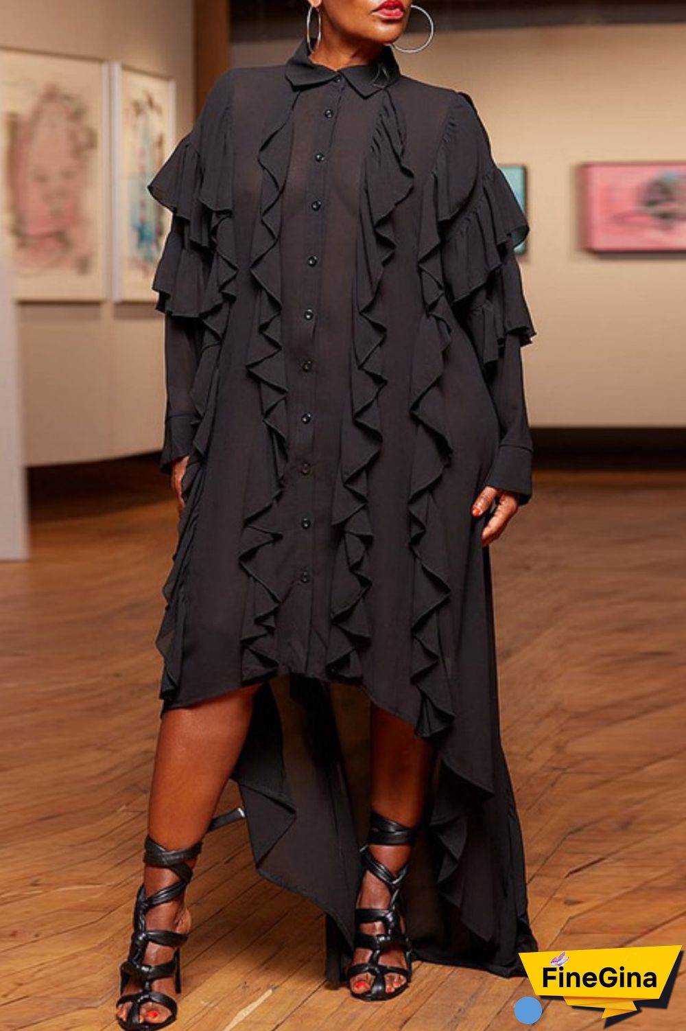 Black Casual Solid Patchwork Asymmetrical Turndown Collar Shirt Dress Dresses