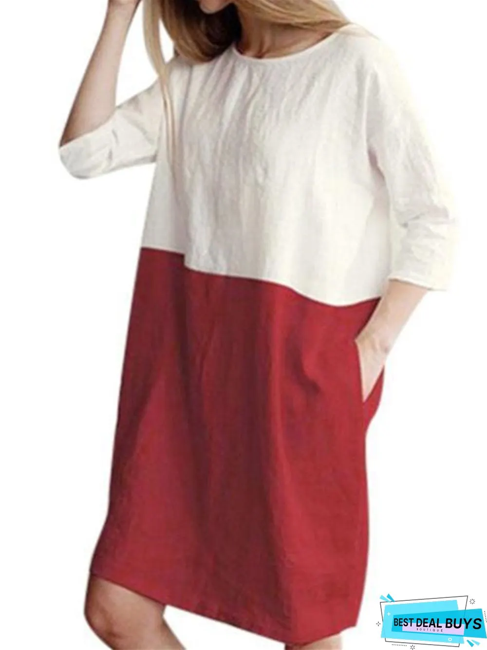 Loose Solid Color Cotton Linen Patchwork Dress Round Neck Seven Sleeve Skirt Waist