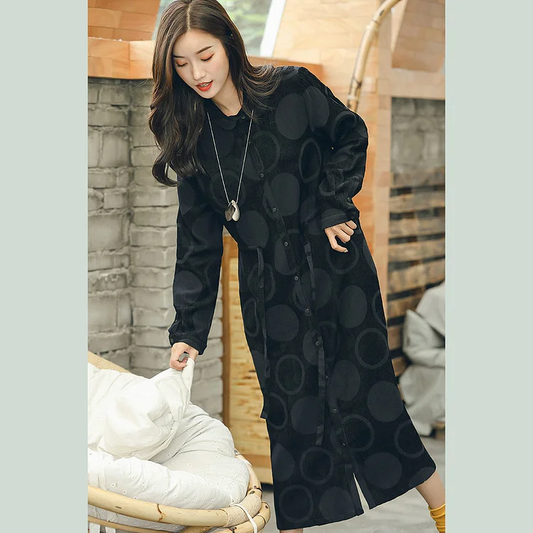 boutique black dotted jacquard long coat plus size Peter pan Collar cardigans waist Coats