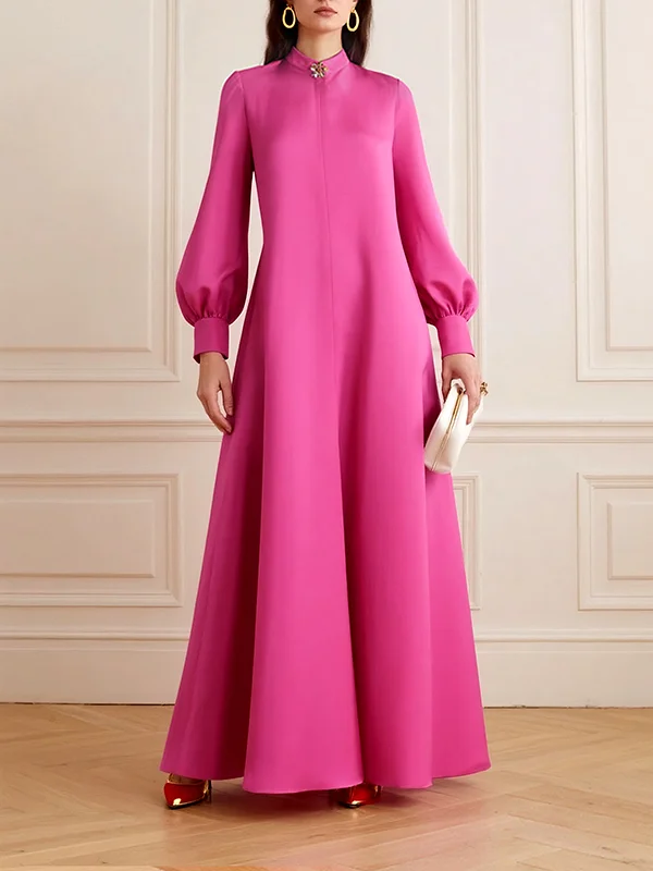 Solid Color Split-Joint Puff Sleeves Round-Neck Shirt Dress Maxi Dresses