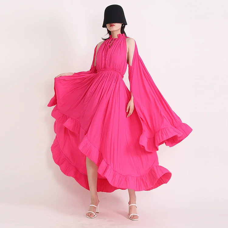 Pleated Design Solid Color Long Sleeve Maxi Dress