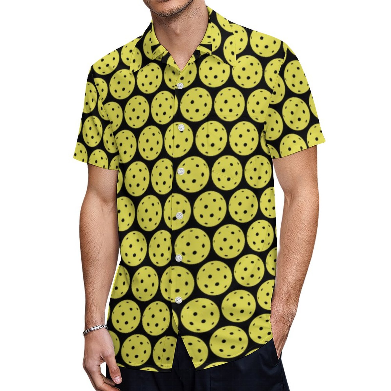 Funny Pickleball Yellow Ball And Black Sports Hawaiian Shirt Mens Button Down Tropical Hawaii Beach Shirts
