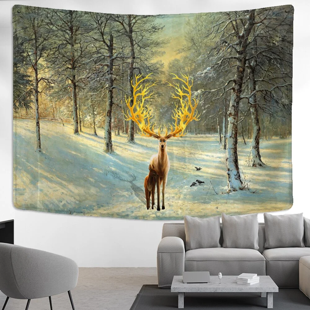 Elk Head Oil Painting Tapestry Wall Hanging Bohemian Style Psychedelic Witchcraft Art Cartoon Home Decor