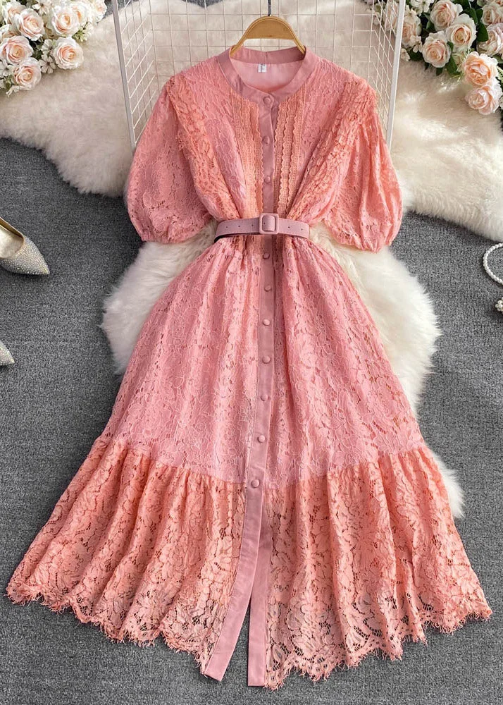 Unique Pink O-Neck Sashes Button A Line Maxi Dress Short Sleeve