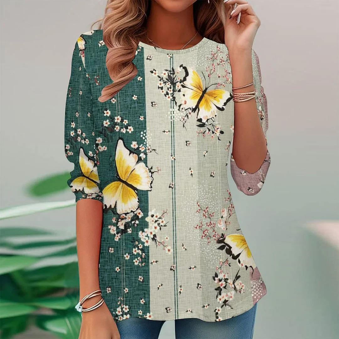 Vintage Printed Long Sleeve Plus Size Tunic for  Women and Men Unisex Pattern Floral,Pink,Green,Stitch