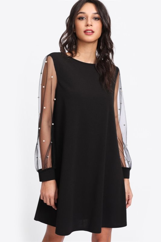 Chic Black Pearl Mesh Long Sleeves Tunic Dress Online - lulusllly