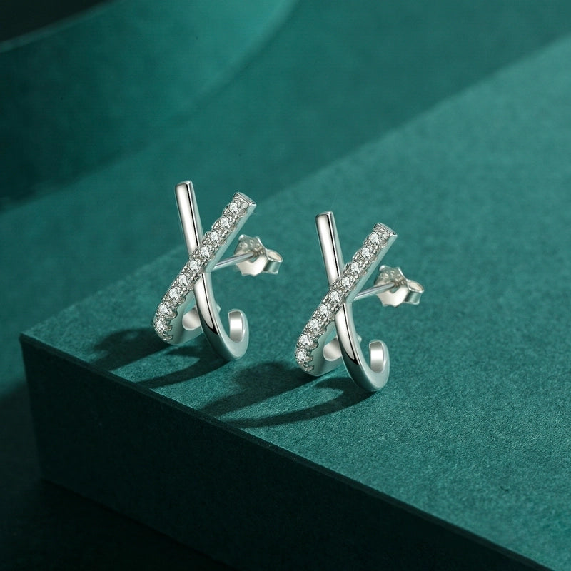 1 Pair 14K Gold Plated Rhodium Plated 925 Sterling Silver Zircon X-Shaped Solid Color Ear Studs