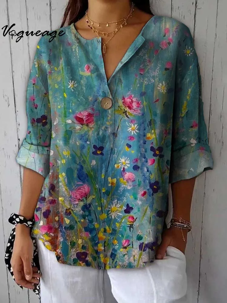 Gentle Watercolor Painting Flowers Printed Cotton And Linen Shirt