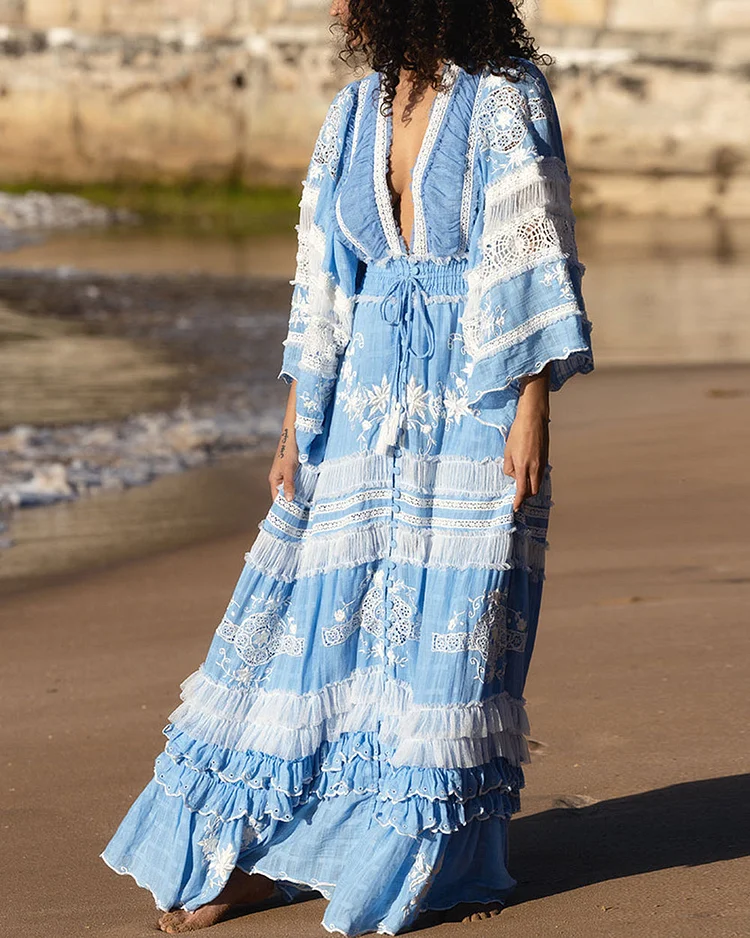 Luxe Floral Embroidery Lace Insets Kimono Sleeves Mesh Tulle Dress