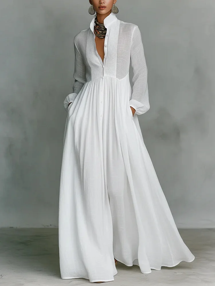 Minimalist Patchwork Single-breasted Stand-up Collar Long-sleeved Dress