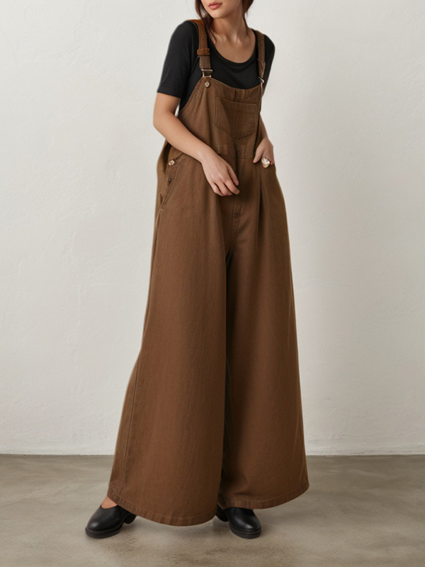 Adjustable Straps Sleeveless Front Pocket Wide Leg Jumpsuit