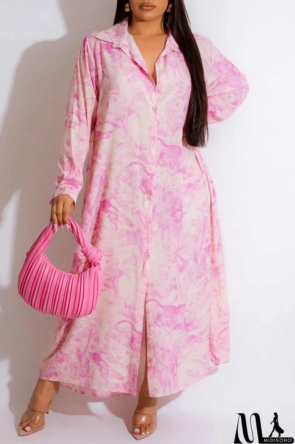 MidiSono - Rose Pink Casual Print Patchwork Shirt Collar Long Sleeve Dresses
