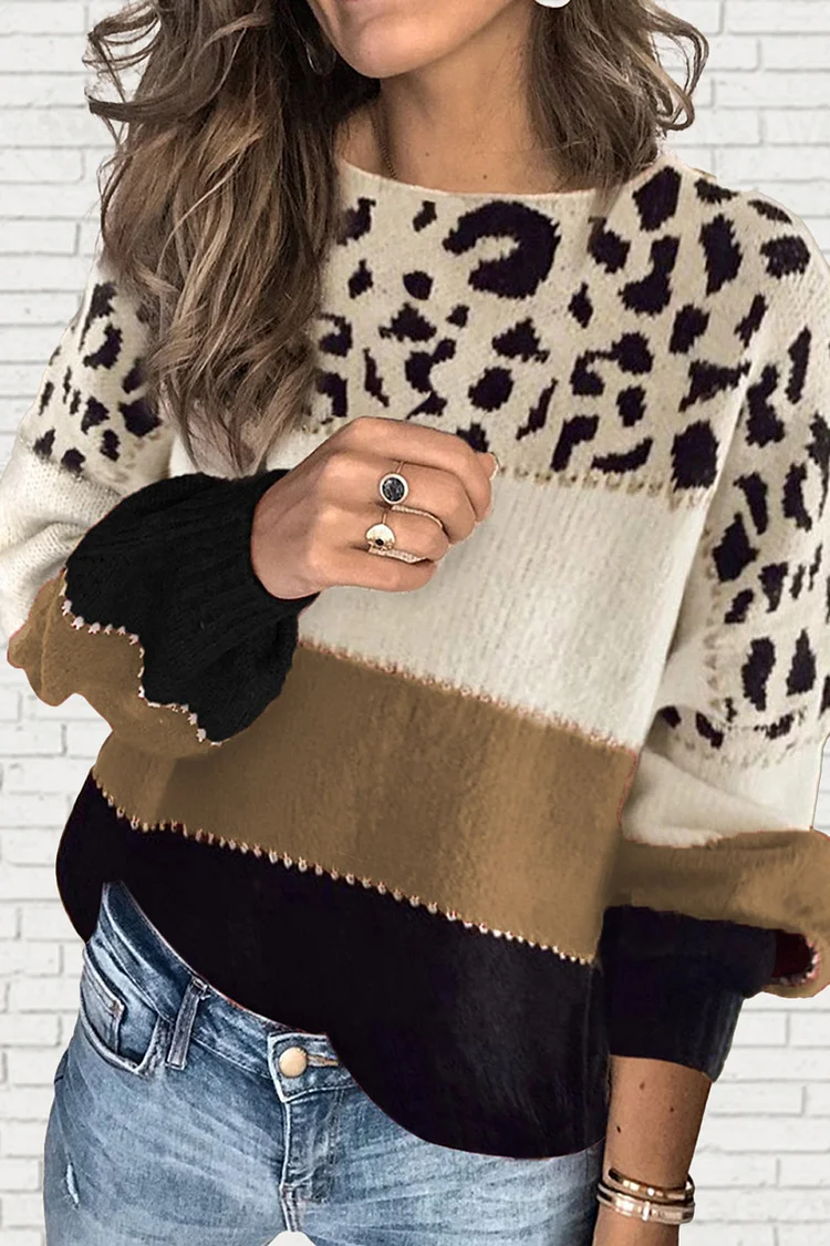 Plus Size Casual Khaki Leopard Print Patchwork Colorblock Sweater  Flycurvy [product_label]