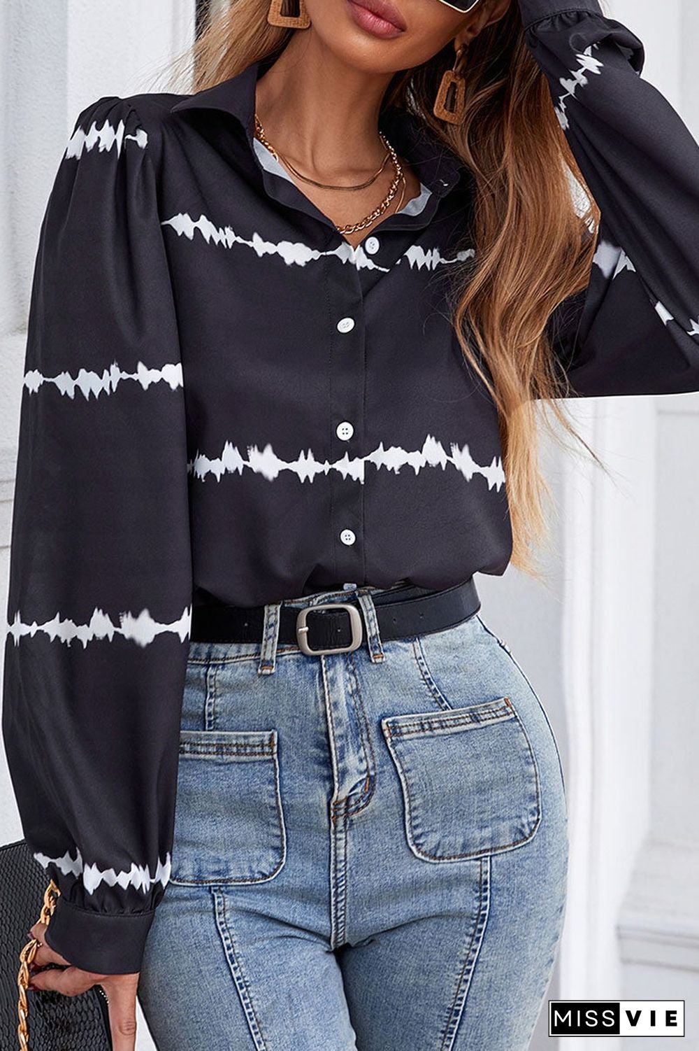 Fashion Street Print Split Joint Turndown Collar Tops