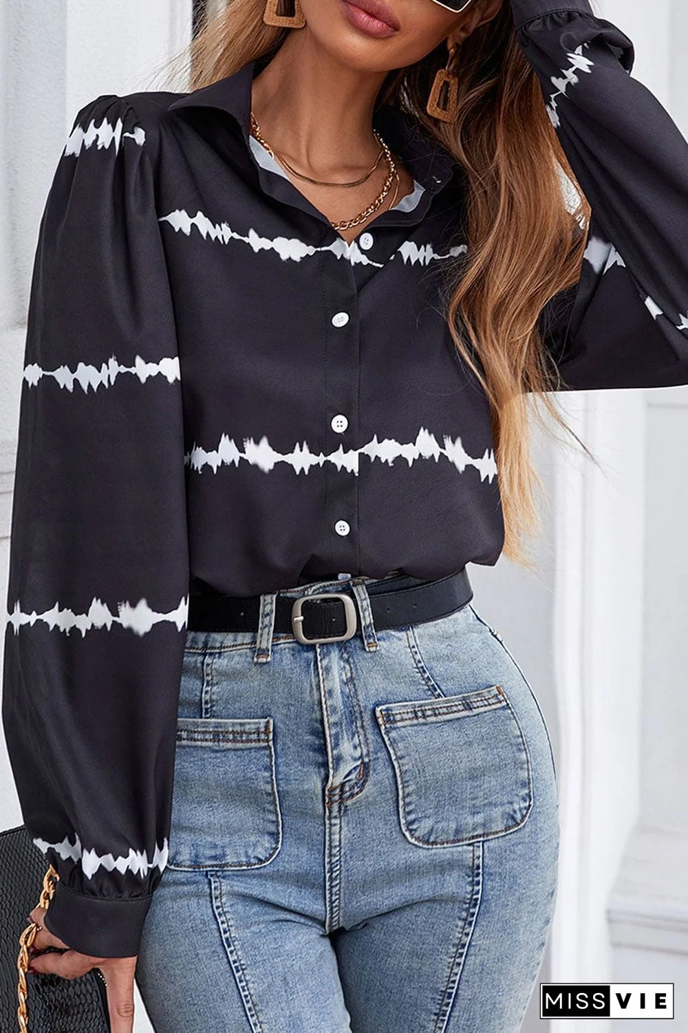 Fashion Street Print Split Joint Turndown Collar Tops
