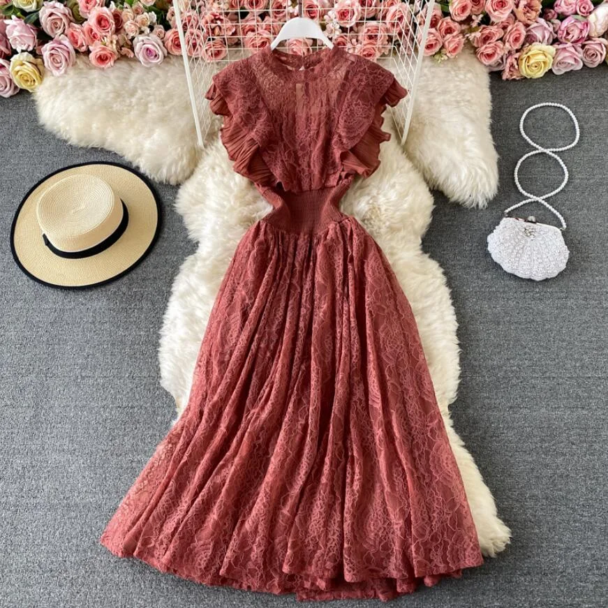 2021 Summer Dress Women Sleeveless O-neck Slim Lace Dresses High waist Lady Elegant Ruffle Long Dress Party Vestidos