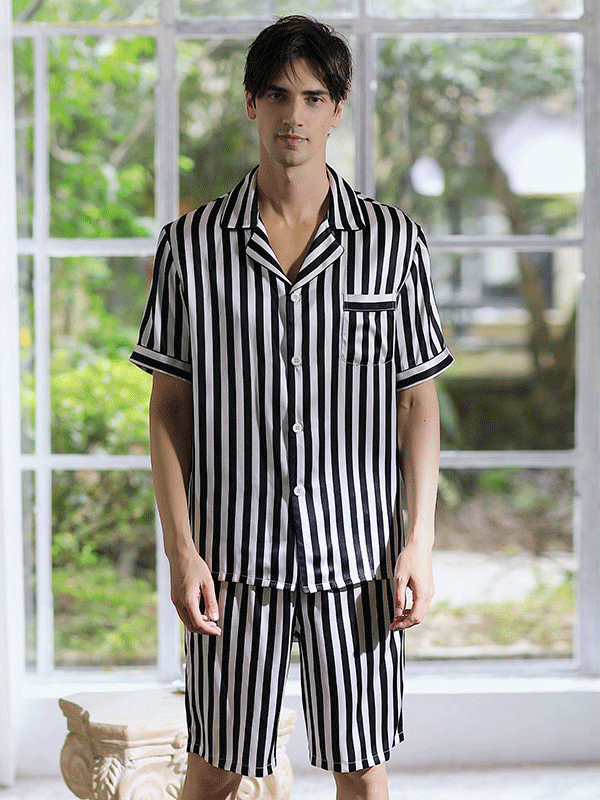 Realsilklife 22 Momme Zebra Stripe Printed Short Silk Pajamas For Men