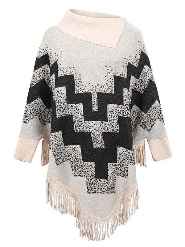 Women's Scoop Neck Knit Shawl Fringed Hem Loose Sweater Top