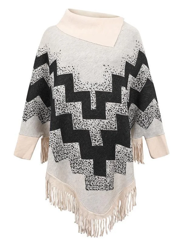 Women's Scoop Neck Knit Shawl Fringed Hem Loose Sweater Top
