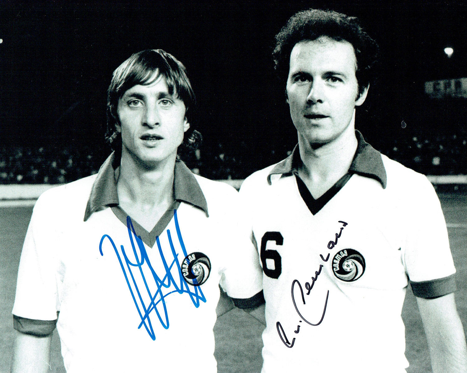 Johan CRUYFF & Franz BECKENBAUER SIGNED Autograph 10x8 COSMOS Photo Poster painting AFTAL COA