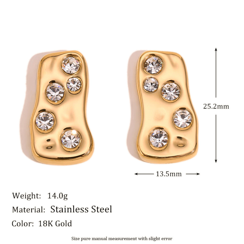 Niche Design Geometric Versatile Earrings Stainless Steel Plated With 18K Gold Abstract Luxury White Diamond Gold Brick Earrings For Women