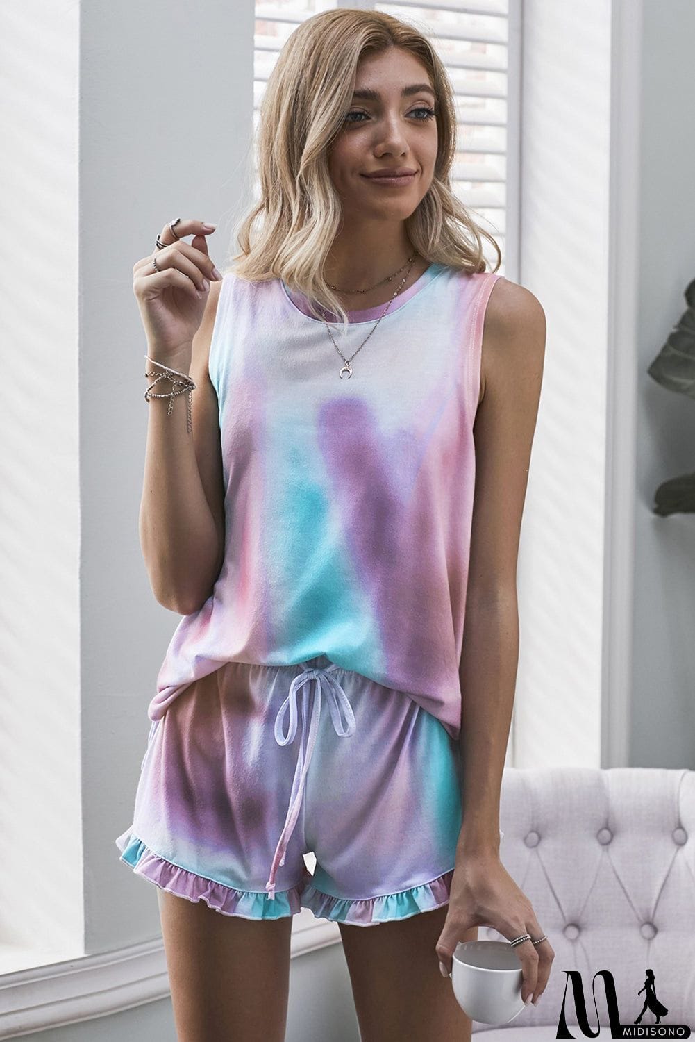 MidiSono - Light Blue Swingy Tank and Ruffled Shorts Loungewear