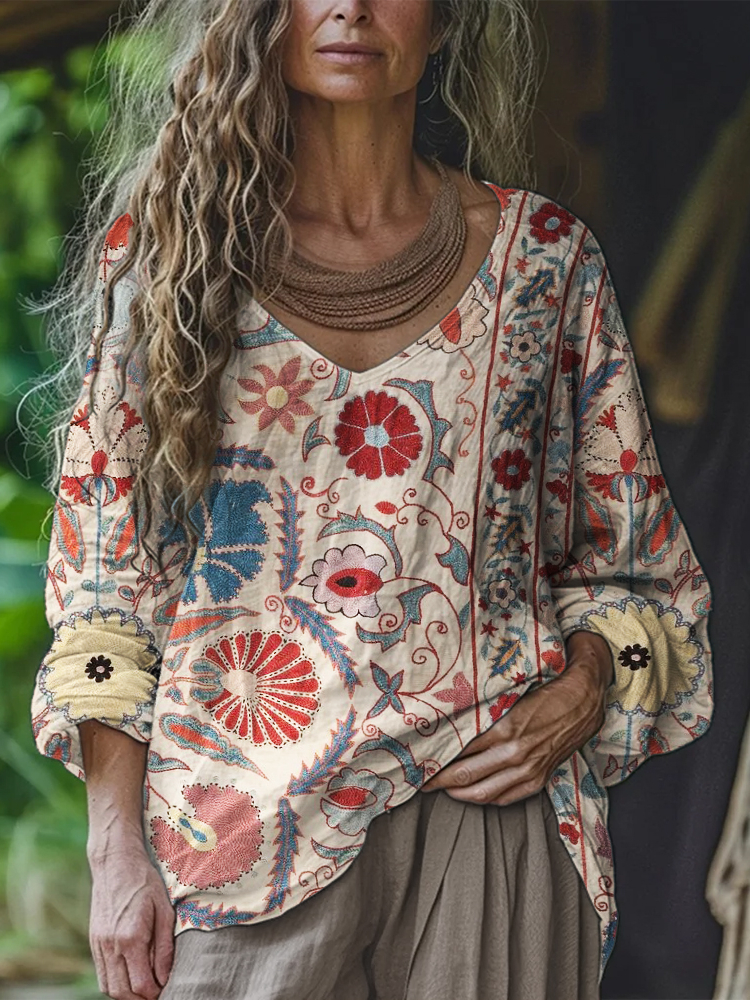 Comstylish Ethnic Floral Suzani Embroidered Pattern Linen Tunic