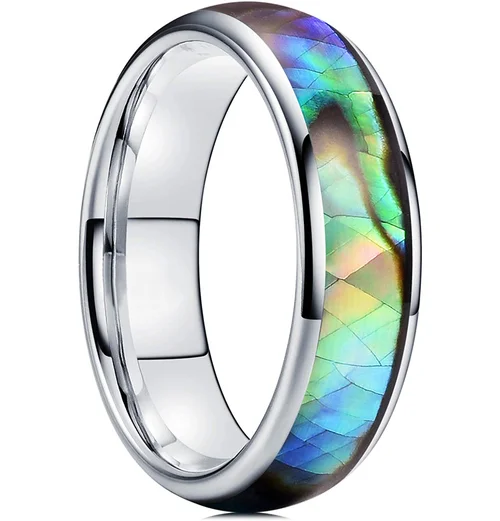 Women Men Tungsten Domed Silver Rings Multi Color Rainbow Abalone Shell Inlay Tungsten Carbide Wedding Bands